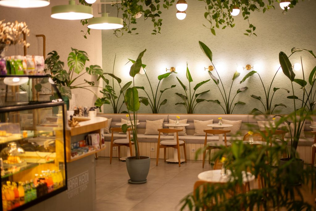 Elegant café interior with plants and warm lighting, creating a cozy ambiance.